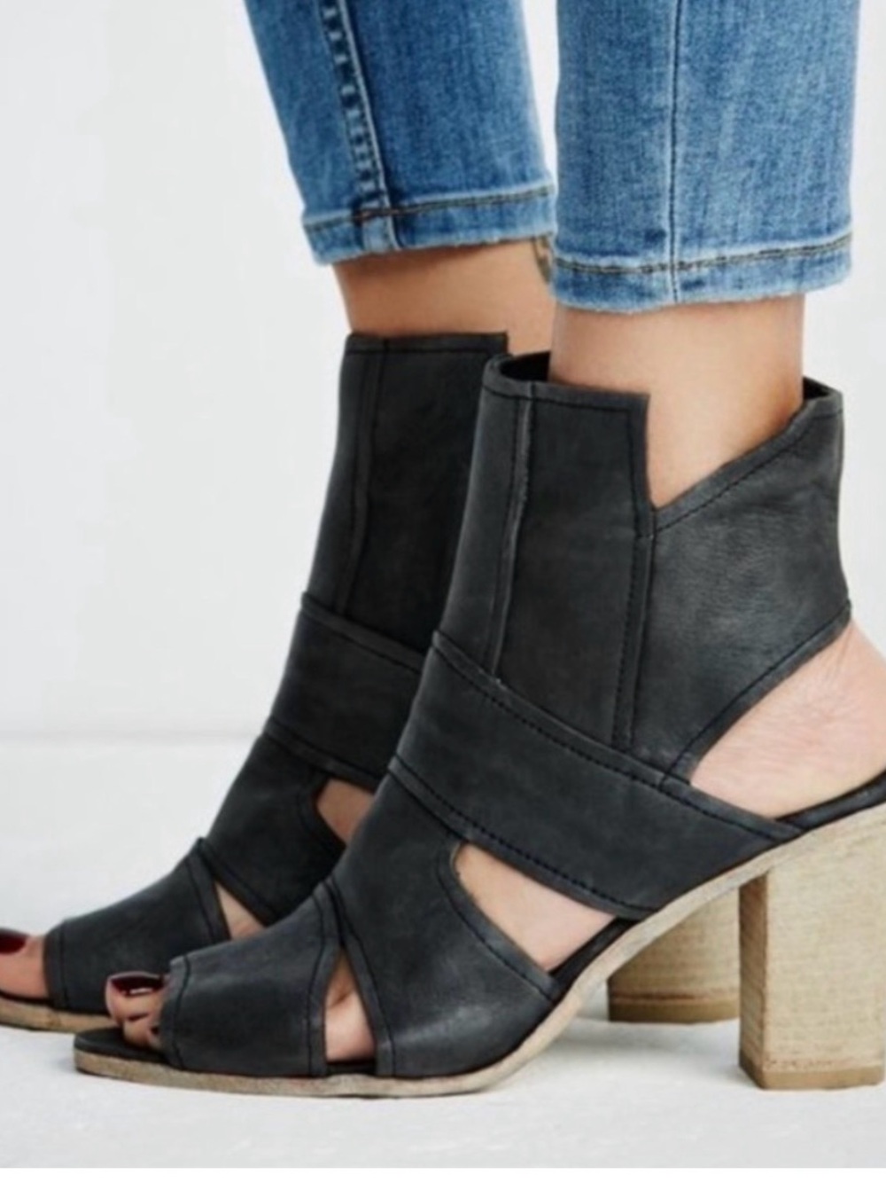 Free People Black Cutout Open-Toe Block Heel Sandals